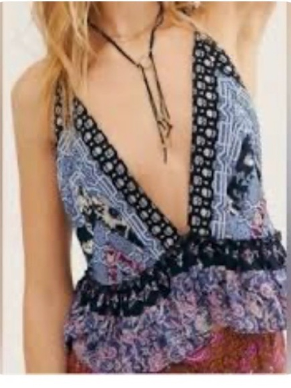 Free People Blue Patterned Deep V Ruffle Cami